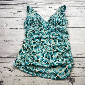 Christina Women's Swim Tankini Top Blue Mosaic Print Ruched V Neck Size 10D